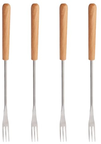 SHINEOFI Fourchettes à Fondue Inoxydable 4 Pcs Manche Bois Isolant, Fourche à Rôtir 3 Dents Anti-brûlure pour Fromage, Fruits, Barbecue et Desserts, Accessoires la Cuisine Polyvalents