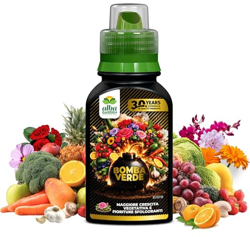 Albagarden - BOMBA VERDE - Concime Liquido NPK 6-7-8 con Microelementi – Maggiore Crescita Vegetativa e Fioriture Abbontandi per Piante Verdi e Fiorite - Concentrato x 250 g