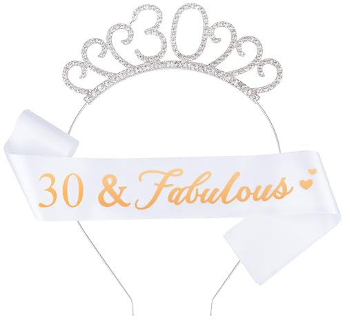 Fantasyon 30th Birthday Crown and Sash, Crystal Tiara Birthday 30th Crown Birthday Tiara Rhinestone Crown for 30th Birthday Gift Party Accessories (30 Years Old)