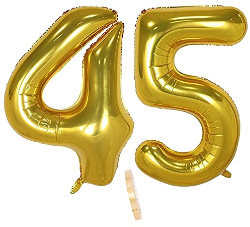 Folienballon Zahl Deko Gold 45 für Frauen Männer, XXL 100cm Riesen Nummer Aufblasbar Helium Ballon Figuren Zahlen Luftballons für 45. Jahre Mann Frau Geburtstag Hochzeit Jubiläum Party Dekoration