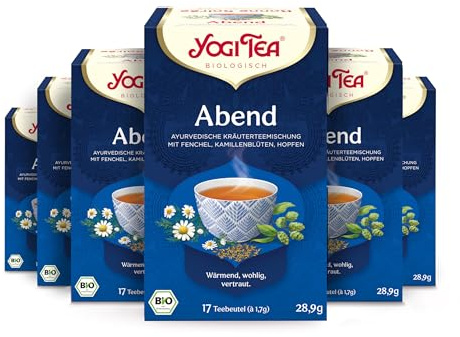 Yogi Tea - Abend, Ayurvedischer Bio Gewürz- und Kräutertee, von Natur aus koffeinfrei, Mischung aus Fenchel, Kamillenblüten und Hopfen, Yogi Tee 6er Pack, 6x17 Beutel (102 Teebeutel insgesamt)