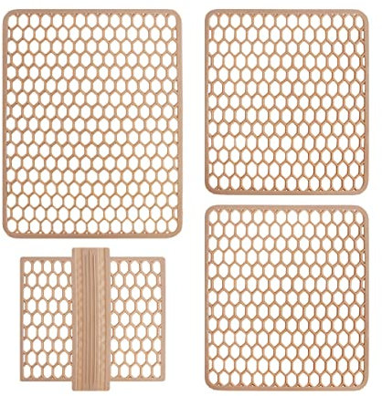 Set Tappeti Lavello 4 Pezzi Salva Lavandino Parabordo Scolapiatti Colorati Gomma (Beige)