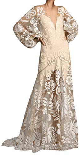 Vestidos de mujer sexy escote en V profundo apliques bordados hilo neto boda encaje cóctel mangas linternas espalda descubierta vestido festivo vestido de dama de honor elegante, Blanco, M