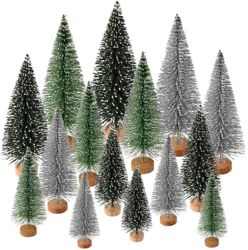15 Pieces Mini Christmas Trees, Artificial Miniature Christmas Trees with Wooden Base, Small Pine Tree Plastic Winter Snow Ornaments Tabletop Trees for Christmas Party Home Table Craft Decor