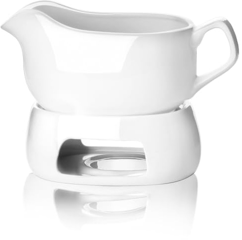 Nucookery Large 18 Oz Gravy Boat with Warmer, White Fine Porcelain Saucier with Big Dripless Lip Spout, Gravy Bowl For Thanksgiving, Warming Sauces, Salad Dressings, Microwave & Freezer Safe(Modern)
