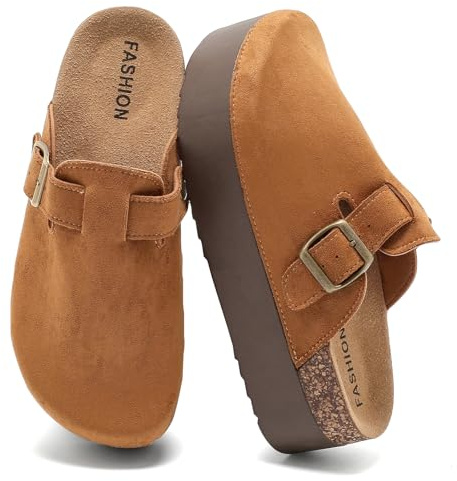 Suede Platform Clogs for Women, Soft Cork Footbed Mules with Adjustable Buckle, Closed Toe Leather Potato Shoes Sandals Brown