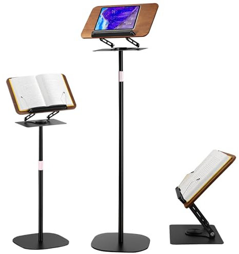 Supporto per libri 2 in 1 in metallo, altezza regolabile da 91 a 159 cm, per pavimento e tavolo, lettura a 360°, con clip laterali elastiche