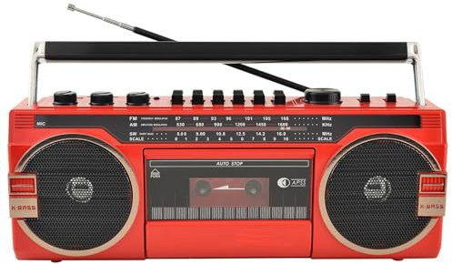 Classic 80s Retro - Reproductor portátil de CD y casete con radio AM/FM, Bluetooth y perillas de volumen, perfecto para reuniones familiares y viajes