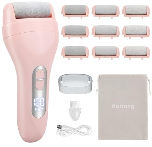 Eliminador de callos eléctrico con 9 rodillos de repuesto, Karrong Fuß Hornhaut Remove, IPX7, resistente al agua, 2 velocidades, dispositivo para el cuidado de los pies, lima de escofina (rosa)