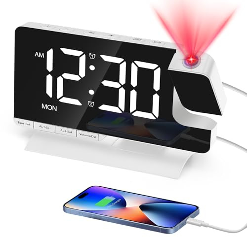 Venchin Alarm Clocks Bedside: Projection Clock with 180°Projector, Daul Alarm, Snooze, 12H/24H & DST, LED Screen Mirror with 6 Dimmable, 2 USB Charging Port, Mains Powered Digital Clock for Bedroom