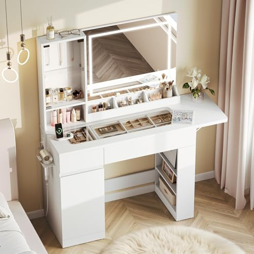 Dripex Dressing Table with LED Light Adjustable Brightness,Vanity Makeup Desk with Mirror and Power Outlet,2 Shelves & 7 Open Compartments,2 Large Drawer & Cabinet,Modern Organizer for Bedroom