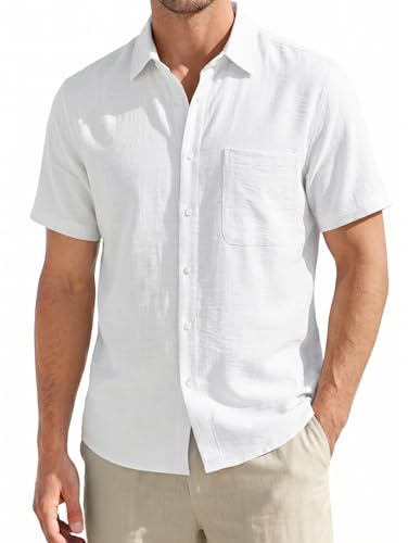 HISDERN Chemise en Lin Homme à Manches Courtes Boutonnée Chemisette Coton Coupe Droite Chemise d'été de Plage avec Poche