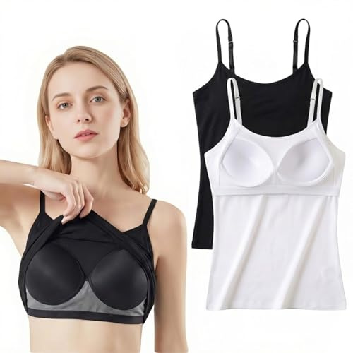 Kideerly Vest Top with Built in Bra UK – 2 Pack Womens Vest Tops, Tank Tops, Camisole & Cami, White & Black, Padded Support, Gym & Tube Vest Tops, Ladies Multi Pack