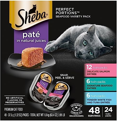 Sheba Perfect Portions Wet Cat Food Pate with Sustainable Salmon, Signature Seafood Entree, and Tender White Fish and Tuna Entree Variety Pack, 2.6 oz. Twin Pack Trays (24 Count, 48 Servings)