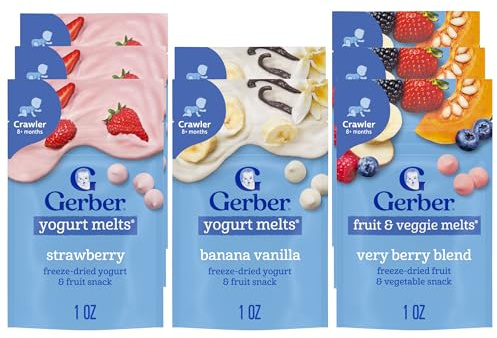 Gerber Stage 3 Baby Food Snacks, Strawberry, Banana Vanilla Yogurt Melts, Very Berry Fruit and Veggie Melts, Baby Led Feeding, 8-Pack