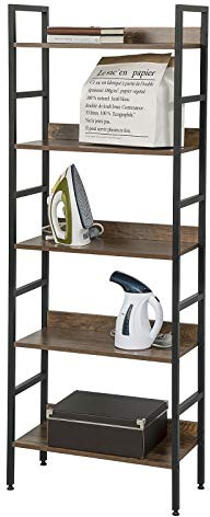 eSituro Standregal Badregal Küchenregal Badezimmer Bücherregal Aufbewahrung Leiterregal Stufenregal platzspazierend modern Stil 5 Ablagen Schwarz+Nussbaum Metall+MDF 60x27.5x160CM SSTR0056