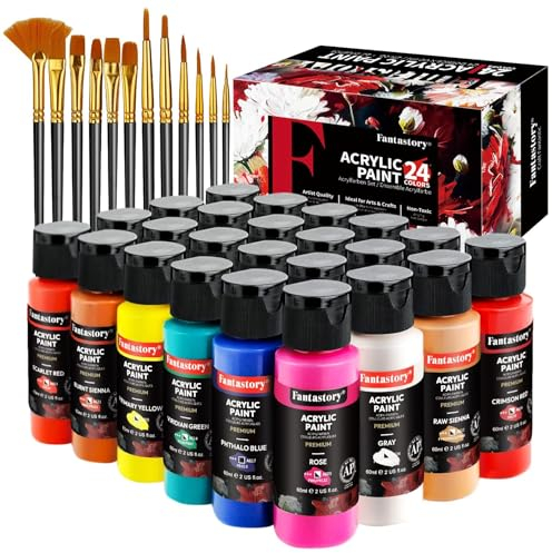 Fantastory Acrylfarben Set,24 Flaschen 60ml+12Pinsel,wasserfestes,nicht verblassendes,ungiftiges Acrylic Paint,Für Leinwand,Holz,Keramik,Modelle;Anfänger,Kunststudenten,Hobbykünstler [Balanced Serie]