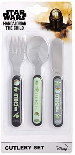 Mandalorian Ménagère 3 pièces réutilisable en métal avec couteau, fourchette et cuillère pour enfant en acier inoxydable de qualité alimentaire et plastique ABS pour enfants de 12 mois et plus