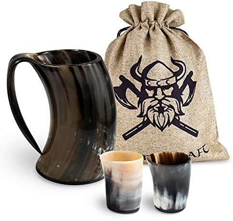VIKING CRAFT® Trinkhorn Wikinger Krug 600ml - Extra großer Krug und 2 Wikinger Becher für Deinen Wikinger Met Honigwein - Geschenk Hornbecher, Wikinger Deko, Mittelalter Bierkrug, LARP, Met