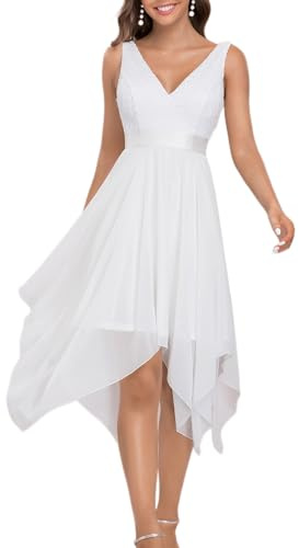 Ever-Pretty Vestidos de Fiesta para Mujer Corte Imperio Escote en V A-línea con Encaje Gasa Vestido de Novia Blanco 40
