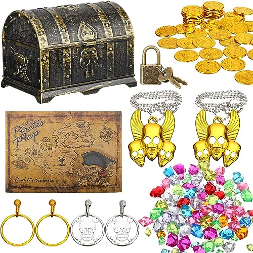 Enhon 147 Pieces Pirate Treasure Chest Toy Box with Lock and 1 Treasure Map 100 Colorful Gems 40 Pirate Coins 4 Earrings 2 Skeleton Necklaces for Halloween Themed Party Favors(Vintage Style)