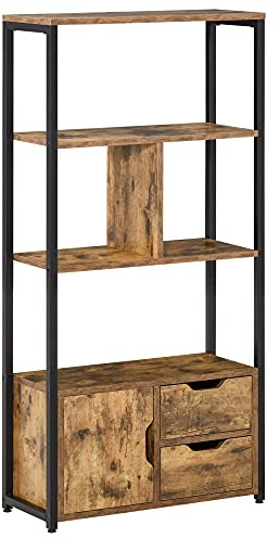 HOMCOM Librería, Estantería para Libros con 4 Estantes, 2 Cajones y Puerta, 58x24x122 cm, Estantería Industrial para Salón, Dormitorio, Estudio, Oficina, Marrón Rústico