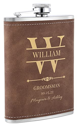 Flachmann mit Gravur, 1 Stück Personalisiert Flachmann mit Eigenem Text für Trauzeuge, Personalisierte Geschenke für Junggesellenabschied und Hochzeit (Braun)