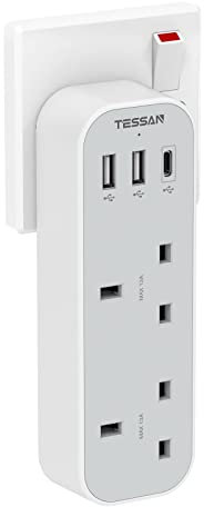 USB C Charger Plug Adapter UK, TESSAN Double Plug Extension Socket with Multi USB Charging Station, Fast Charger with Multiple Outlets Extender for Home, Office School Supplies