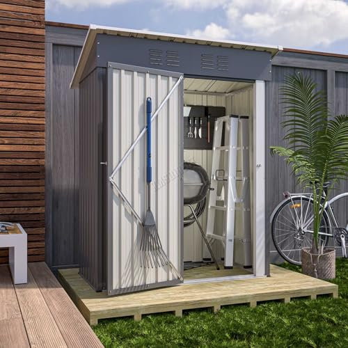 BIRCHTREE Metal Garden Shed Pent Roof 3X5FT Small Outdoor Storage Cabinet Hinge Door No Foundation Base Grey