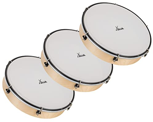 XDrum HTM-12K 12 Handtrommel mit Kunststoff-Fel 3x Setl - Rahmentrommel mit Fell aus Polyester - Stimmbar mit 6 Spannhaken - Holzrahmen aus Ahorn - Ergonomischer Griff - Natur