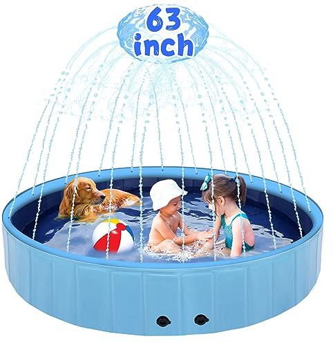 Eooqi 63 Large Dog Pool, 2-in-1 Foldable Splash Pool with Sprinkler