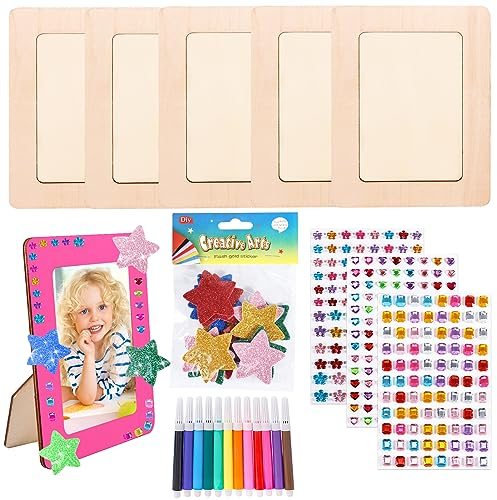 6 Stück Bilderrahmen für Diy Holzfarbe Bastelset, Kinder Holzbilderrahmen Set mit Selbstklebende Glitzersteine | Glitter | Moosgummi Sticker, Handwerk Fotorahmen zum Selbstgestalten, Lernspielzeug