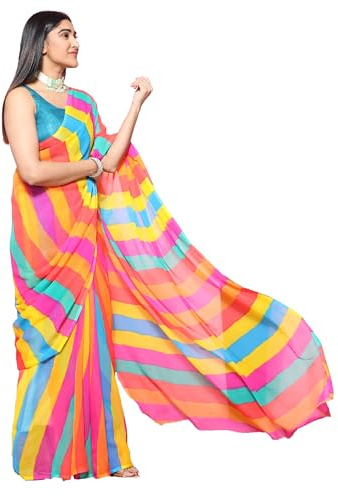 Jaanvi mode kvinnor chiffong tryckt banarasi kant Bollywood sari med osydd blusdel, Regnbåge flerfärgad, en storlek