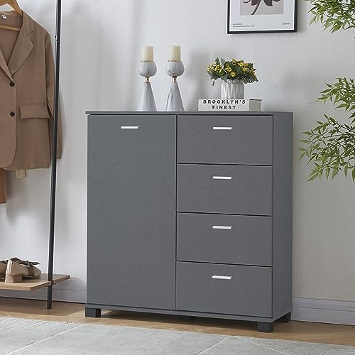 [en.casa] Aparador Döbritz con Puerta 4 Cajones y 2 Estantes Internos Regulables en Altura Armario Zapatero Mueble Zapatero Aglomerado 76 x 80 x 28 cm - Gris Oscuro