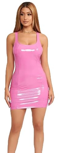 THSCWY Konstläder latex festklubb klänning kvinnor sexig rund hals PU-läder tank miniklänningar bodycon för kvinnor