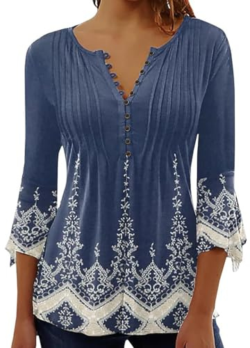 Yeenily Camicia Elegante Donna a Manica Scollo a V T-Shirt a 3/4 Lunga Top Bluse Maglietta Stampato Basic Tee(Blu Acciaio,M)