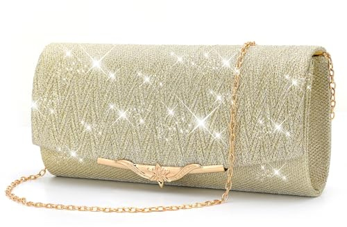 Pardofelis kuvertväska dam, glitter aftonväska handväska med avtagbar kedja, elegant axelväska för kvällen, Envelope-väska, kedjeväska för bal, bröllop, fest, Guld
