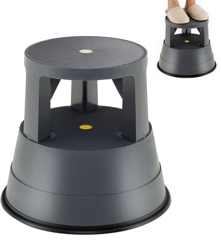 TANGZON Rolling Step Stool, 150kg Mobile Kick Stool, Grey