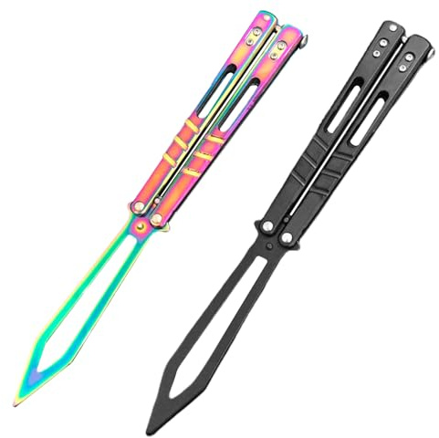 MEGYAD Butterfly Trainer 2 pezzi: coltello a farfalla per esercitare, lama saffilata con tasca Oxford, pettine a farfalla in acciaio inox per coltello da allenamento (nero + colore), CKN-RA16