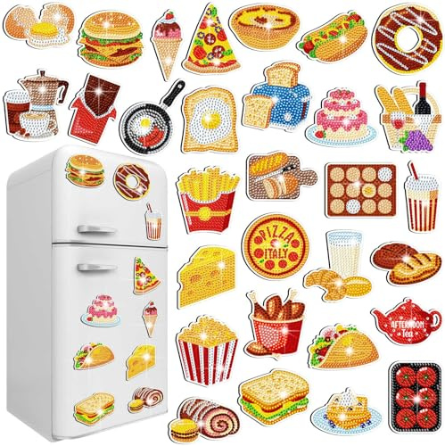 Copkim 30 Pcs Diamond Art Magnets Easy Diamond Painting Magnet Kits for Adults Kids DIY Fridge Home Decors(Food)