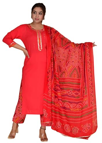 IMTRA FASHION Ensemble Pantalon Kurta pour Femme, Costume Indien en Pur Coton avec Dupatta (Rouge-Grand)