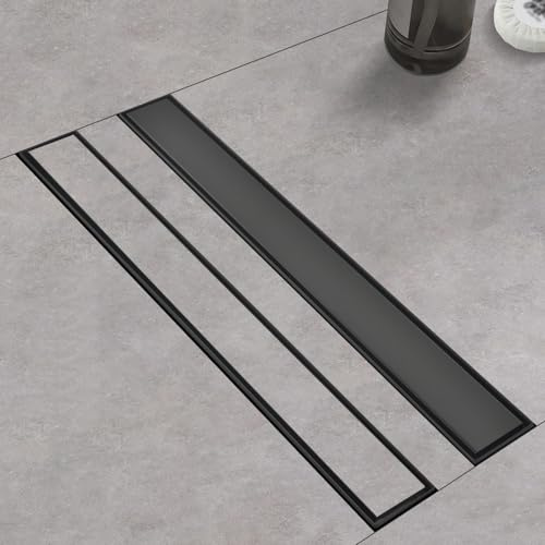Kuaisailsk Linear Shower Drain with Tile Insert Panels, 24 Inch Black 304 Stainless Steel Rectangle Shower Floor Drain, with Hair Catcher, Adjustable Feet, Fits Bathroom, Balcony