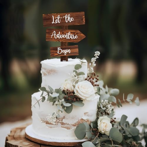 Party to Be Let the Adventure Begin Cake Topper in Wood Rustic Cake Decoration for Wedding & Baby Shower