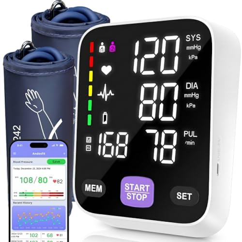 Andesfit Upper Arm Blood Pressure Monitor for Home Use 17 Large & 21 XL Extra Large Cuff Big arm, Free APP Bluetooth Sync Apple Health Track Google Fit, Large Display Smart BP Machine for Seniors