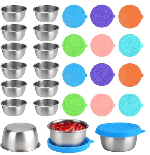 12 Pack Salad Dressing Pots, 50ml/1.7oz Stainless Steel Sauce Cups with Leak-proof Silicone Lids, Dip Sauce Container, Food Condiment Containers Mini dip cup Container for Snack, Dips, Salad, Spices