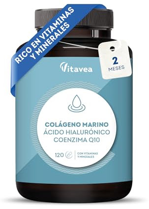 Colágeno Marino Hidrolizado + Magnesio + Ácido Hialurónico + Coenzima Q10-120 Cápsulas - Piel Radiante, Uñas y Cabello Saludables - Articulaciones y Huesos - Vitaminas A, C, D, B12 y Zinc- Vitavea