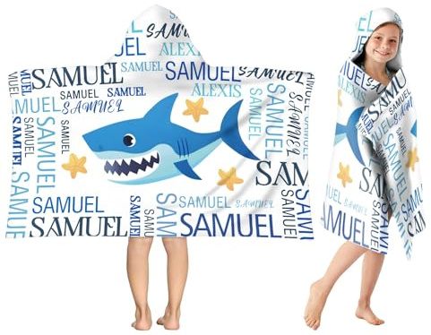 Jodimitty Personalised Hooded Beach Towel 76x127cm Microfibre Poncho Towel with Concealed Button, Custom Name, Lightweight Quick Dry Bath Towel, Customised Gift (Sharks)