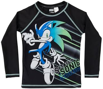 Sonic The Hedgehog - Maglietta da nuoto, protezione UV 50+, per ragazzi e bambini, a maniche lunghe, colore: Nero, Nero , 122 cm-128 cm