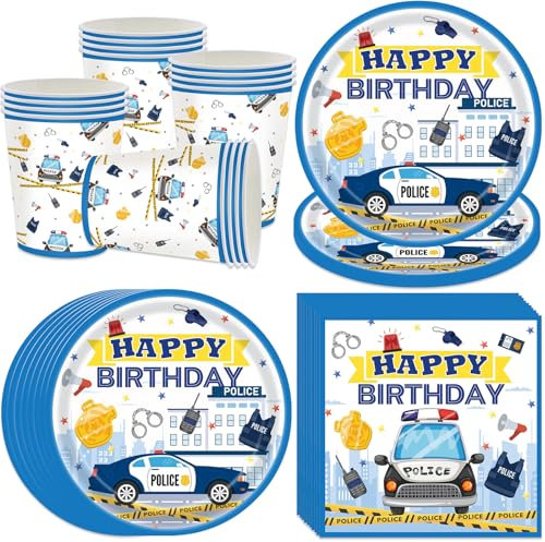 pekifaves Set di stoviglie per feste di polizia, auto della polizia Piatti di carta, Tazze, Tovaglioli, 16 ospiti, decorazione per il compleanno dei bambini, decorazione per feste di compleanno