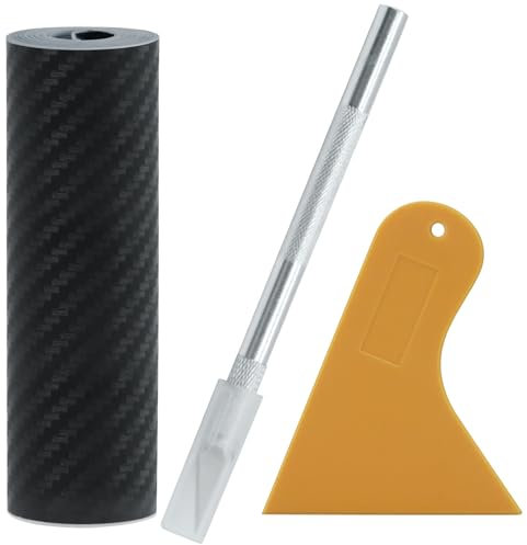 MSIHEY Pellicola per auto nera opaca con trama imitata in fibra di carbonio, 10 cm x 300 cm, fornita con raschietto e taglierina in plastica, pellicola protettiva flessibile per auto, biciclette, moto